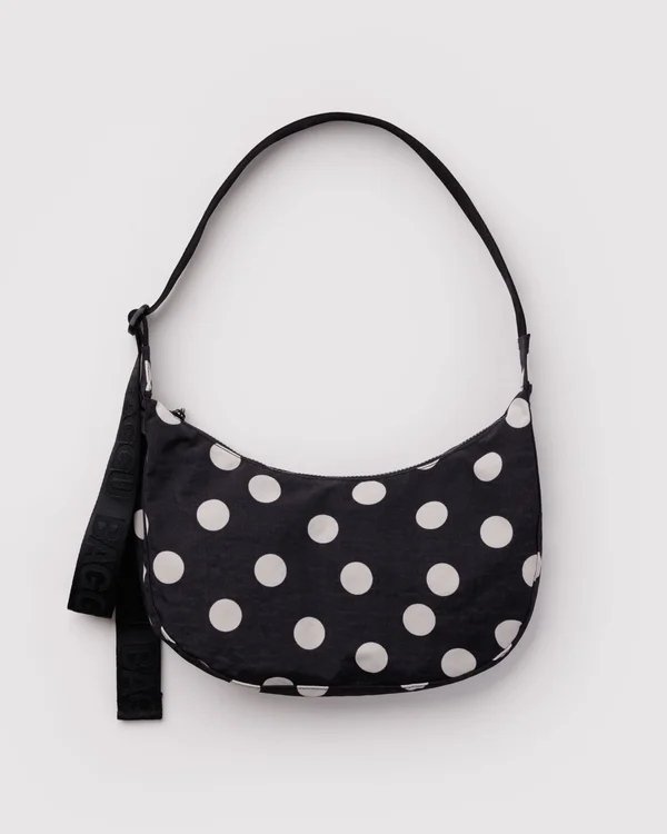 Medium Nylon Crescent Bag - Black And Cream Polka Dot