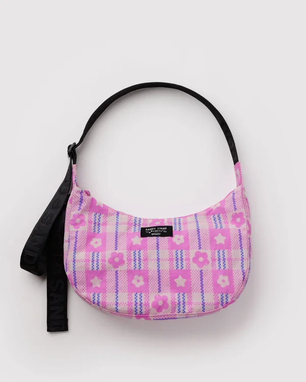 Medium Nylon Crescent Bag - Market Plaid Pink