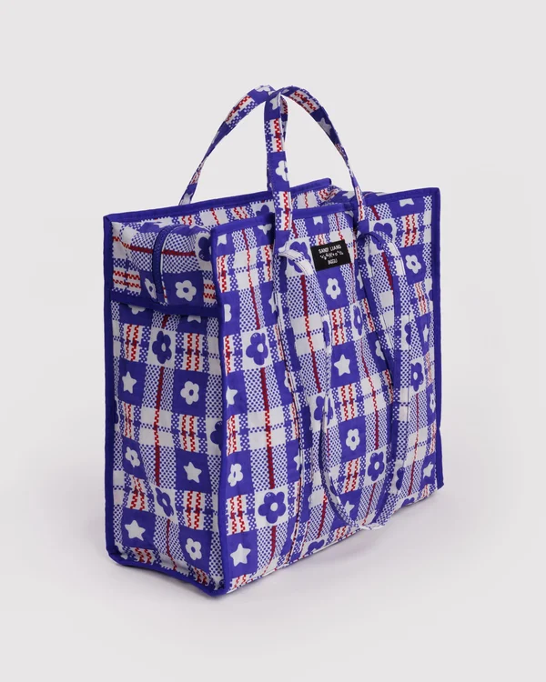 Large Nylon Market Bag - Market Plaid Blue