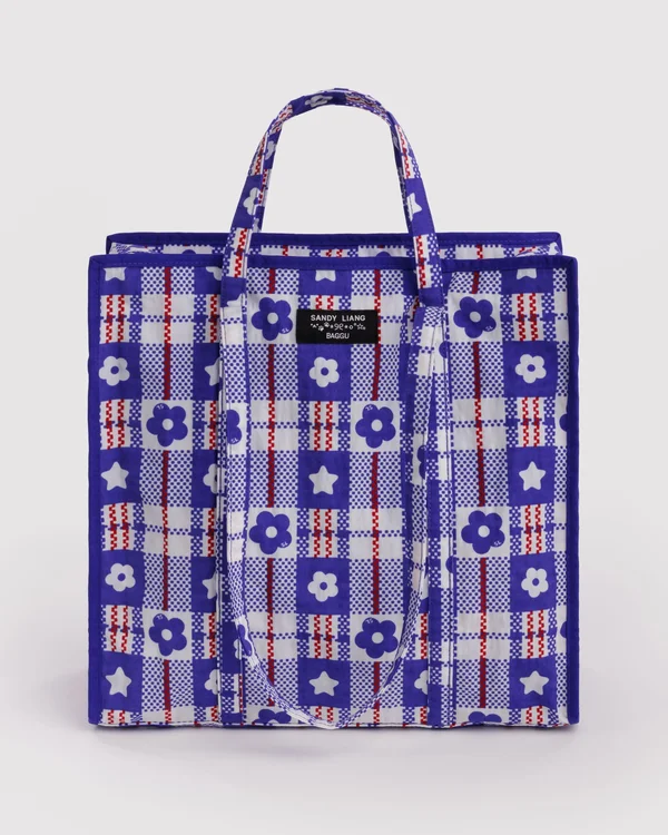 Large Nylon Market Bag - Market Plaid Blue